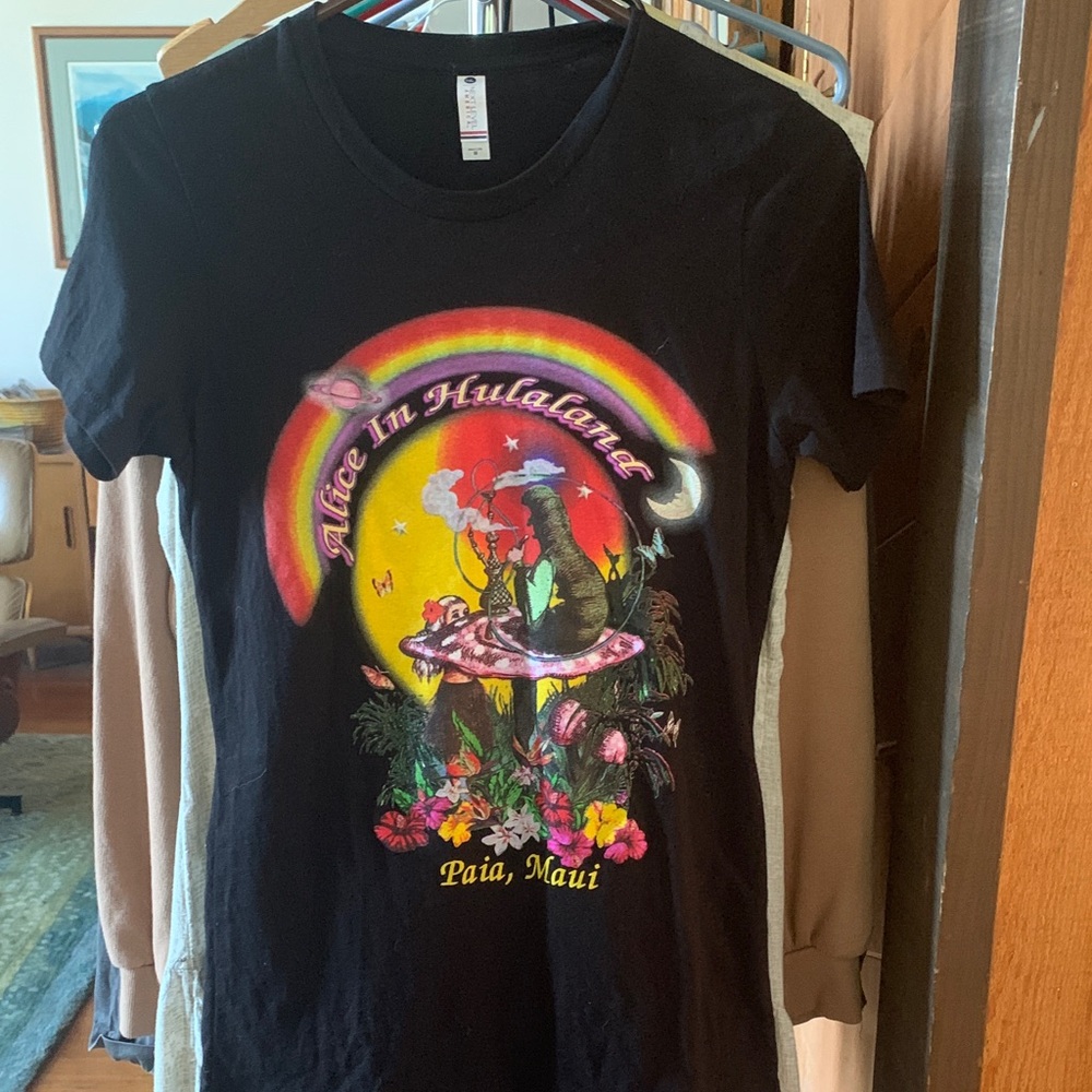 Alice in Hulaland rainbow shirt  Black Tee with Colorful Graphic